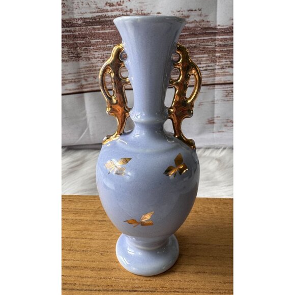 Vintage Light Blue Porcelain Vase With Gold Gilded Handles & Leaf Motif - Picture 1 of 11